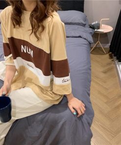 パジャマ ルームウェア | ビッグTシャツ レディーストップス ロングTシャツ ゆったりカジュアル可愛い M L XL XXL ベージュ 黒 ブルー ブラック 2020春夏ロングTシャツ