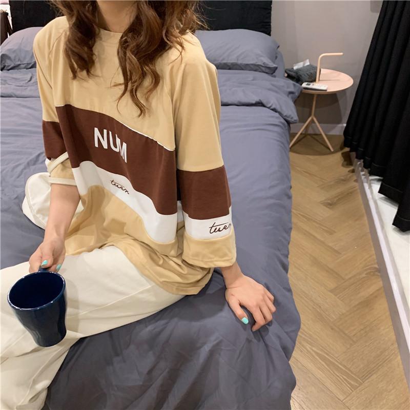 パジャマ ルームウェア | ビッグTシャツ レディーストップス ロングTシャツ ゆったりカジュアル可愛い M L XL XXL ベージュ 黒 ブルー ブラック 2020春夏ロングTシャツ