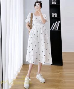 ワンピース | マタニティスカート レディース 着痩せ Aライン半袖 スクエアネック 薄手 夏新作 膝丈 妊婦服 柄 ポケット 産前 マタニティウェア 夏服