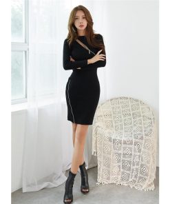 ミニ丈 | ニットタイトワンピース ファスナー付きお呼ばれワンピ フォーマル OL 長袖 ビジネスカジュアル ドレスワンピ ストレッチ 二次会 ママ 黒 ヒップアップ