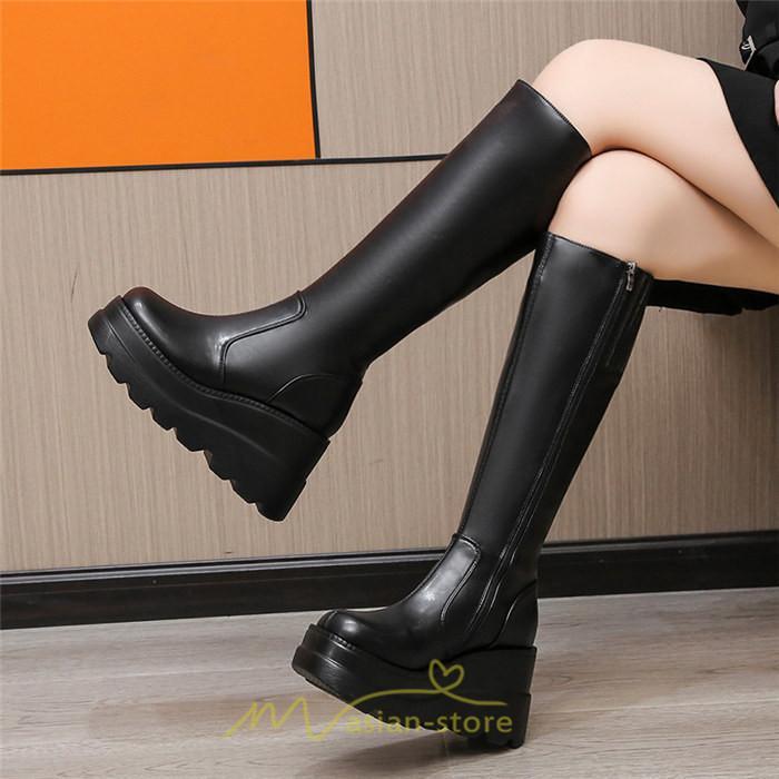 ロングブーツ | レディース ブーツ 厚底 歩きやすい 痛くない 定番 カジュアル 人気ブーツ ファスナー 黒 ブラック シンプル 美脚 おしゃれ 白 オフホワイト