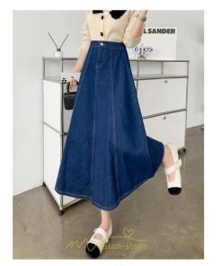 スカート | デニムフレアミモレ丈 ロングt丈 シンプル ゆったり レディース フレア 大人 秋冬 ハイウエスト 美脚 韓国ファッション 可愛い