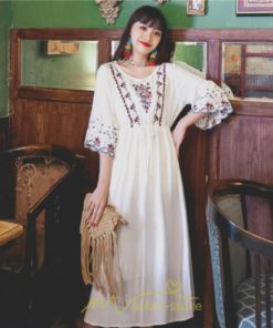 マキシ | ワンピース トップス ロング ロングワンピース 綿麻 夏秋 レディース 大人 おしゃれ シンプル ナチュラル カジュアル 刺繍 花柄 丸首 華やか 上品