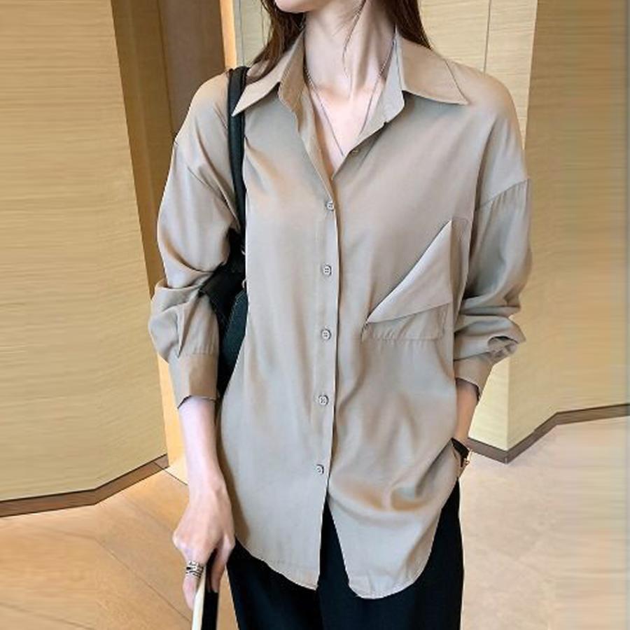 シャツ・ブラウス | シャツ おしゃれ 無地 オフィス ボダン ブラウス トップス ロング 襟付き 前開きシャツ レディース 仮ポケット付き