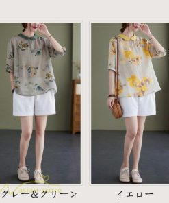 ｔシャツ・カットソー | Tシャツ Tシャツ プリント カジュアル 麻綿 リネン シャツ トップス サマーシャツ 襟付き カジュアル 大きいサイズ 夏コーデ 5分袖 麻綿 トレンド レディース