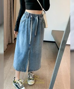 スカート | ウエストゴムデニムロング秋冬 ミモレ丈 秋物 レディース ひも付き フロントスリット Aライン大きいサイズあり スカート 6XL デニム