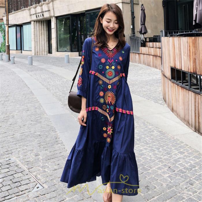 マキシ | ワンピ ワンピース ロング丈 七分袖 レディース 大人 おしゃれ きれいめ お出かけ 大人可愛い 白 青 赤 春夏秋 旅行 20代30代40代 民族風 オレンジ 海