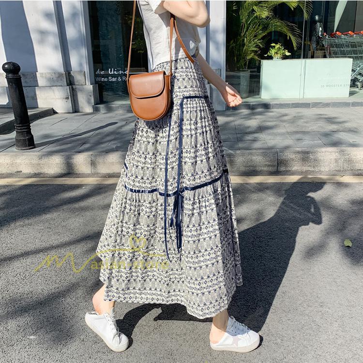 スカート | フレアロングレデイース リネンウエストゴム 綿麻混 マキシマキシ レトロ風 体型カバー リゾート 夏物