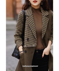 コート・ジャケット | テーラードジャケット レディース コート アウター 長袖 ミディアム丈 羽織り 春 秋 冬 切り替え チェック柄 カジュアル ダブルブレスト 着痩せ ラシャ 韓国風