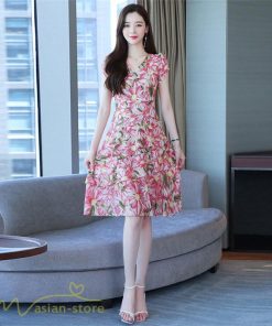 ミディアム | ワンピース レディース Vネック 半袖 花柄 おしゃれ Aライン ミディアムワンピース 着やせ エレガント 大きいサイズ 上品 膝丈 20代 30代 大人 40代