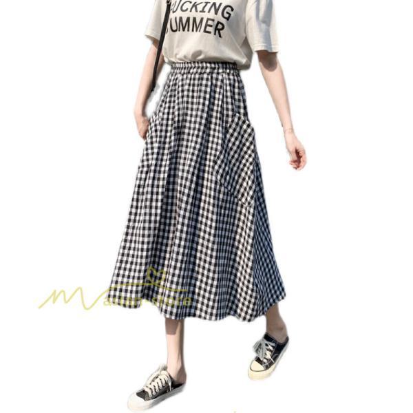 スカート | チェック柄 ロング丈 フレア ボトムス レディース 春 夏 秋 冬 体系カバー Aライン ウエストゴム おしゃれ 通勤 OL カジュアルブ無地 韓国風