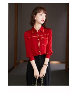 シャツ・ブラウス | ブラウス レディース シャツ トップス 赤 長袖シャツ 無地 オフィス カジュアル おしゃれ シフォン 通勤 通学 ナチュラル 可愛い 上品 オシャレ 秋服 キレイめ