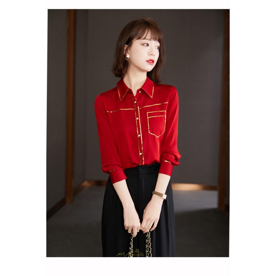 シャツ・ブラウス | ブラウス レディース シャツ トップス 赤 長袖シャツ 無地 オフィス カジュアル おしゃれ シフォン 通勤 通学 ナチュラル 可愛い 上品 オシャレ 秋服 キレイめ