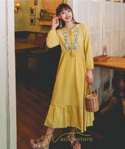 マキシ | ワンピース レディース ロング 夏秋 ゆったり 丸首 ナチュラル フレア ウィメンズ 女性用 同窓会 女子会 普段使い デート カジュアル 人気 Aライン 着やせ