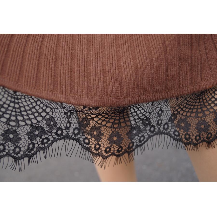 タイトスカート | ストレッチ ミモレ丈 リブ編み リブニットスカート 暖か スリット 裾レース ボトムス ウエストゴム スカート ロングスカート