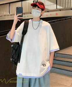 Tシャツ | メンズ 夏物 半袖 五分袖 フェイク レイヤード 重ね着風 無地 おしゃれ プルオーバー オーバーサイズ カジュアル 30代 20代 40代 ゆったり 男性着