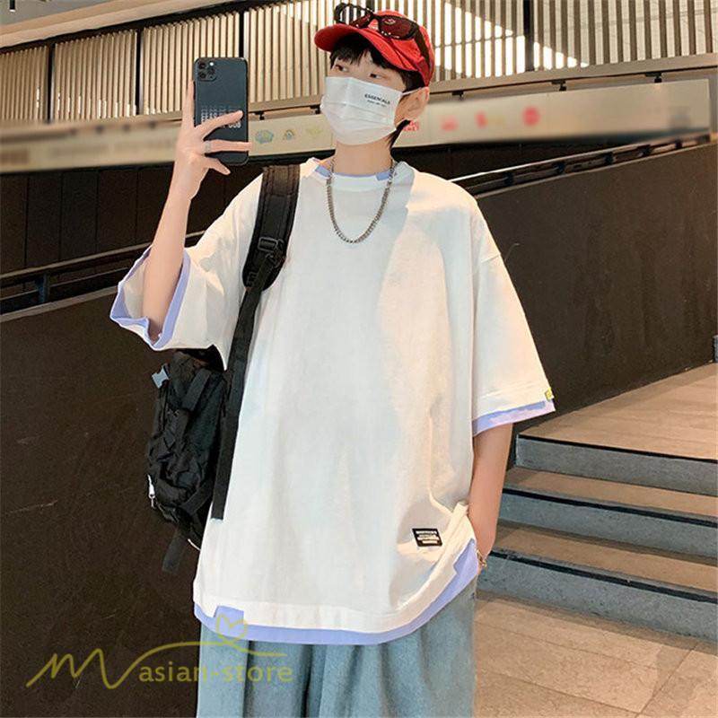 Tシャツ | メンズ 夏物 半袖 五分袖 フェイク レイヤード 重ね着風 無地 おしゃれ プルオーバー オーバーサイズ カジュアル 30代 20代 40代 ゆったり 男性着