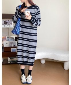ニットワンピース | ワンピース 秋冬 ロングワンピース ミモレ丈 ボーダー ゆったり 体型カバー 柔らか 大人 長袖 ニット 50代 20代30代 アウター セーター