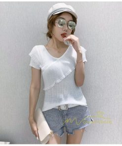 ｔシャツ・カットソー | サマーニット レディース 半袖 Vネック カラー きれいめ トップス Tシャツ ニットソー 薄手 新品 夏新作 2021 激売れ お出かけ ファッション 激売れ エレガント
