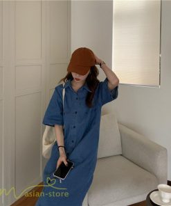 ミディアム | ワンピース デニムワンピース 半袖 ひざ丈 シャツワンピース 夏新作 体型カバー デニム フリーサイズ レトロ風 カジュアル 膝丈 かわいい 無地 ワンピ きれいめ
