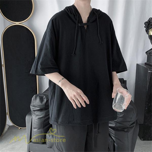 Tシャツ | トップス メンズ カットソー パーカー フード付き カジュアル 無地 7分丈 ゆったり 大きいサイズ 20代 30代 夏新作 ルームウェア 体型カバー シンプル