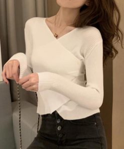 ニット・セーター | リブニット カットソー ニットトップ セーター きれいめ オフィス カシュクール風 レディース ボダン