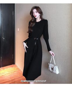 ミディアム | ワンピース 無地 きれいめ 30代 40代 50代 着やせ 上品 大きいサイズ ミモレ丈 長袖 春夏秋冬 丸首 ミモレ丈 ひざ丈 長袖 パフスリーブ