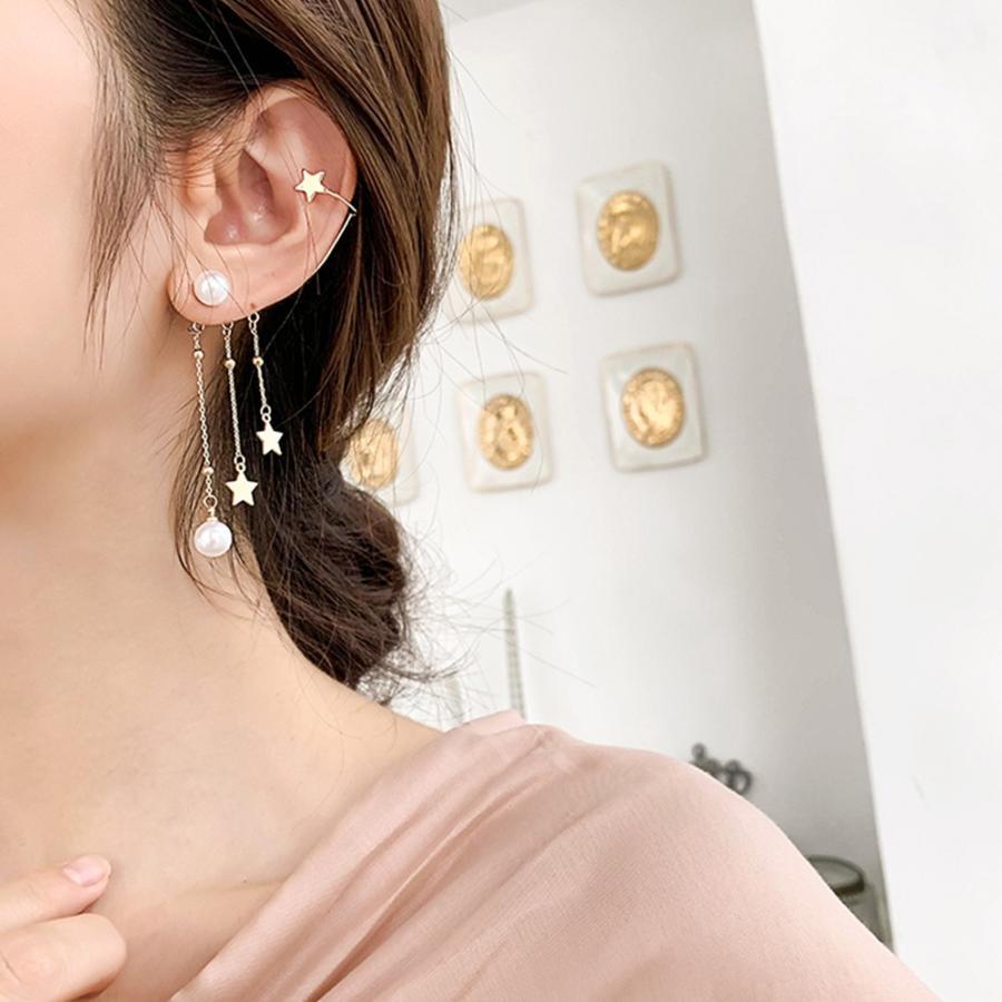 その他アクセサリー | イヤーカフピアス ロング イヤークリップ パール イヤーカフ レディース アシンメトリー 星モチーフ チェーンピアス