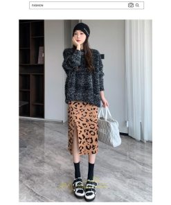 スカート | ロング 秋 冬 Aライン ロング丈 ハイウエスト ヒョウ柄 かっこいい セクシー  スリット ニット 韓国風 高見え デート おでかけ 2022新作 女子会 細見え