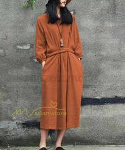 マキシ | 綿麻 リネン ワンピース ロング 長袖 無地 レディース ロング丈 体型カバー ゆったり 秋服 ファッション 着痩せ お出かけ カジュアル 20代30代40代 通勤通学
