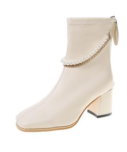 ショートブーツ | 大きいサイズレディース スクエアトゥ チャンキーヒール バックファスナー 合皮ブーツ 黒ブーツ ミドルヒール ブーツ フェイクパール シューズ