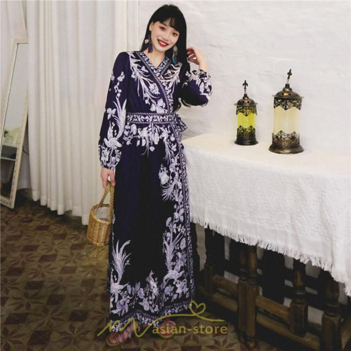 マキシ | マキシワンピース ロングワンピース レディース 夏 秋 長袖 紺 ゆったり Aライン 花柄プリント きれいめ リゾート 大人 20代 母 40代 同窓会 二次会 ママ 30代