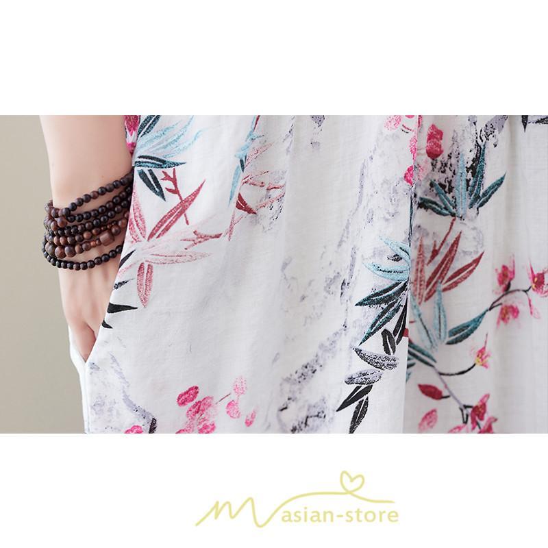 マキシ | 大きいサイズ レディース ワンピース 楽ちん 美人 コットン 着心地いい 夏 ぽっちゃり ゆったり 半袖 お腹 太もも 華奢 着痩せ ポケット 白 丸首 通勤 花柄 美脚