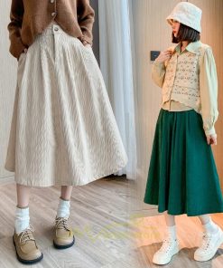 スカート | コーデュロイ台形秋冬 Aライン バッグゴム サイドポケット リブ 広い裾幅 通学通勤 オフィス ミモレ丈 可愛い ロング丈 低身長