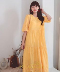マキシ | ワンピース レース 丸首 刺繍 ロングワンピース レディース 夏秋 結婚式 きれいめ フォーマル 大人 上品 綿麻 白 黄色 コットン ピンク かわいい リネン