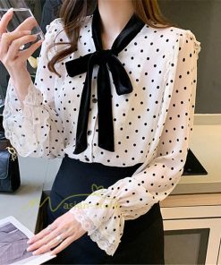 シャツ・ブラウス | ブラウス レディース 長袖ブラウス 秋服 オフィスブラウス リボンネック オシャレブラウス プリントトップス 韓国風 大人 ゆったりシャツ 通勤OL ドット柄 上品