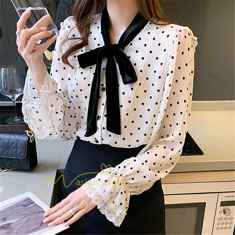 シャツ・ブラウス | ブラウス レディース 長袖ブラウス 秋服 オフィスブラウス リボンネック オシャレブラウス プリントトップス 韓国風 大人 ゆったりシャツ 通勤OL ドット柄 上品