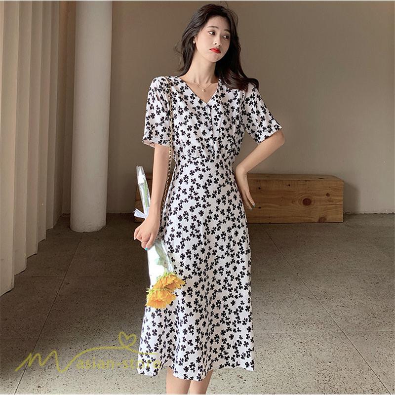 ミディアム | ワンピース レディース 着痩せ 花柄 半袖 大きいサイズ 上品 Aラインワンピース ゆったり Vネック ハイウエスト ミディアム丈 お出かけ 通勤 ひざ丈 通学