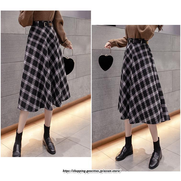 スカート | ロングミモレ レディース フレア Aライン ハイウエスト おしゃれ ゆったり ひざ下 体型カバー チェック柄 ラシャ ベルト付き 30代 20代 40代