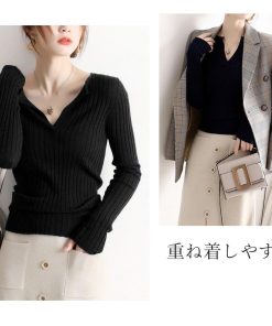 ニット・セーター | 大人可愛い ニットトップス きれいめ シンプル リブニット重ね着 長袖 カットソー Vネック オフィスカジュアル ニットセーター