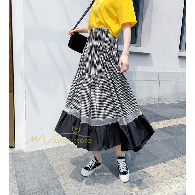 スカート | フレア ロング春物 レディース 春夏 チェック柄 ドッキング リゾート 体型カバー お出かけ 20代30代40代50代 着痩せ 通勤通学 カジュアル