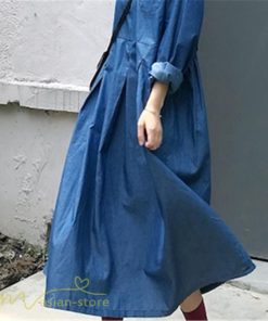デニムワンピース | ゆるワンピース レディース デニム 長袖 レトロ風 可愛い Aラインワンピース フリーサイズ 丸首 体型カバー おしゃれ 秋 コーデ ゆったり