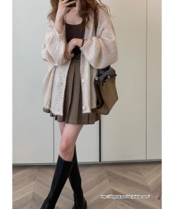 カーディガン | ニットミドル丈 レディース 羽織り ライトアウター 長袖 ニット セーター フロントボタン ボリューム 大きめ ゆったり パフスリーブ