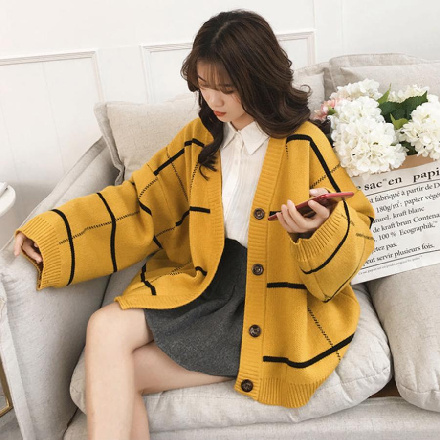 ニット・セーター | ニットカーディガン BIGチェック柄 韓国風