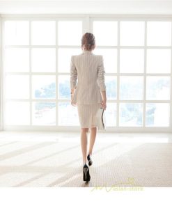 セットアップ | ワンピーススーツ セレモニー スーツ ママ オフィス 通勤用 フォーマル 長袖ジャケット+ノースリーブワンピース レディース 結婚式 ストライプ柄 2点セット