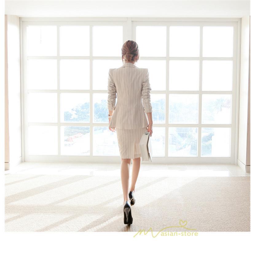 セットアップ | ワンピーススーツ セレモニー スーツ ママ オフィス 通勤用 フォーマル 長袖ジャケット+ノースリーブワンピース レディース 結婚式 ストライプ柄 2点セット