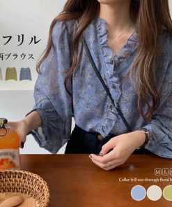 シャツ・ブラウス | 襟フリル シースルー 花柄ブラウス 女性