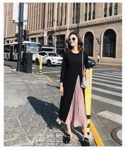 マキシ | 秋服 レディース ワンピース 長袖 秋冬 ロングワンピース ミモレ丈 切り替え フェイク レイヤード 重ね着風 可愛い プリーツスカート 大人 コーデ Aライン