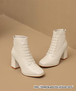 ショートブーツ | レディース 春秋ブーツ スクエアトゥ ブーツ チャンキーヒール 太ヒール 後ろファスナー 靴 シューズ 通学通勤 ミドルヒール 黒ブーツ 大人