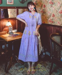 マキシ | ロングワンピース 夏秋 レディース 五分袖 普段着 同窓会 細見せ ハイウエスト コットン レース Aライン 白 紫 刺繍 Vネック キャンプ 旅行 上品 鎖骨 華奢魅せ